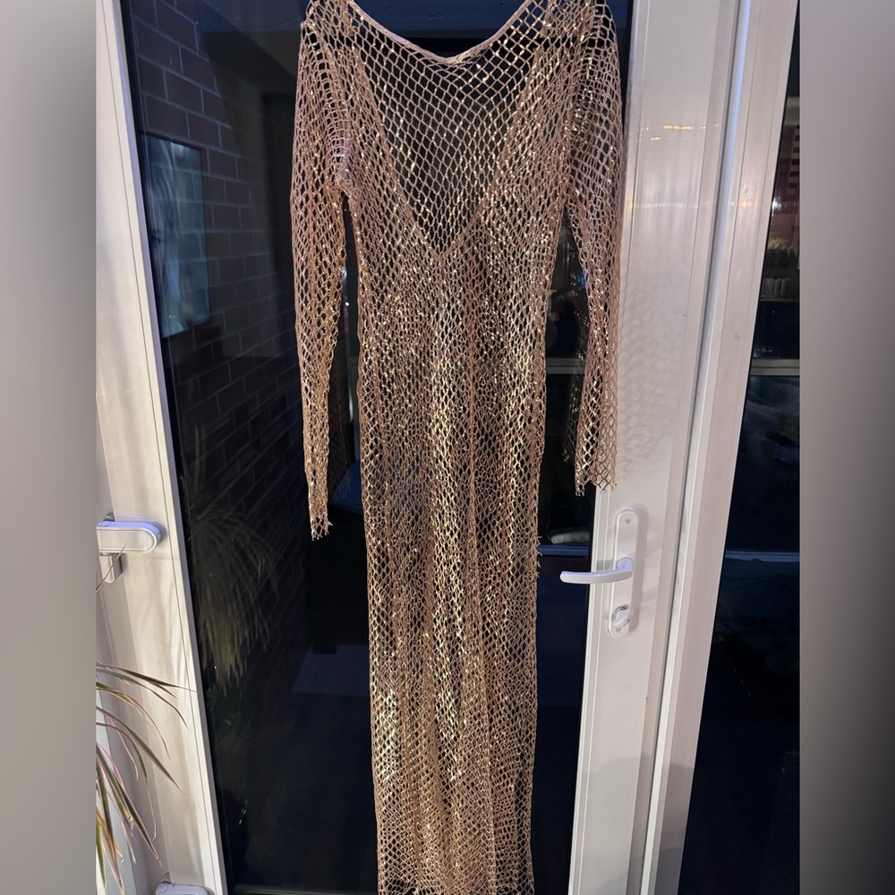 Elegant gold sequin Mesh Maxi Dress/ swim suit cover up